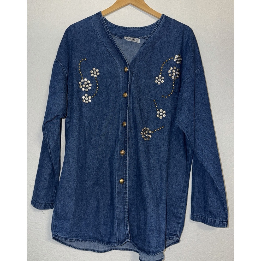 Vintage Facade Los Angeles Rhinestone Denim Shirt Jacket Women's L/XL USA 80s